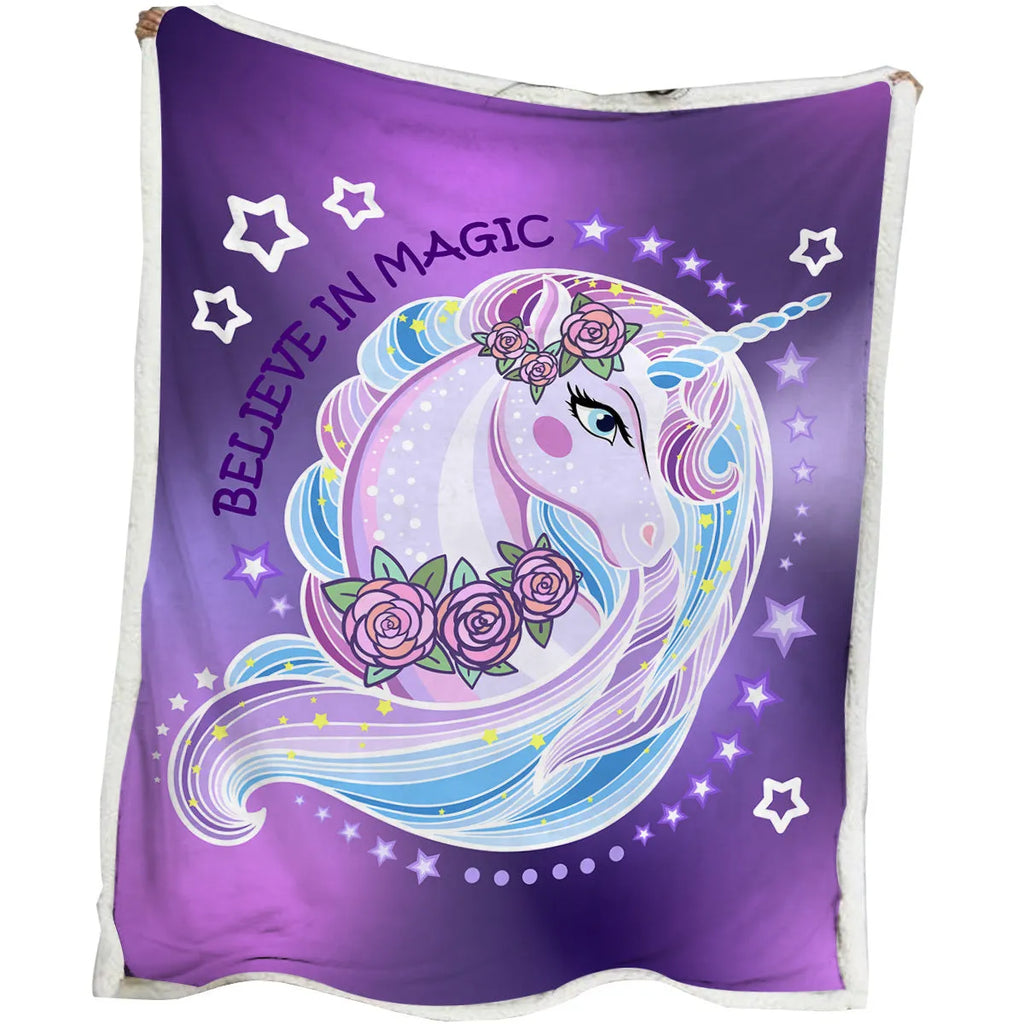 Purple unicorn themed lamb wool Sherpa fleece throw blanket 130x150cm with hemmed edges on sofa