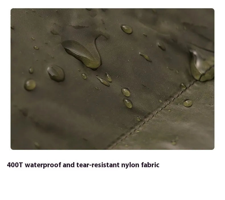 Ultralight mummy-style sleeping bag filled with white duck down, shown in army green 400T nylon fabric.