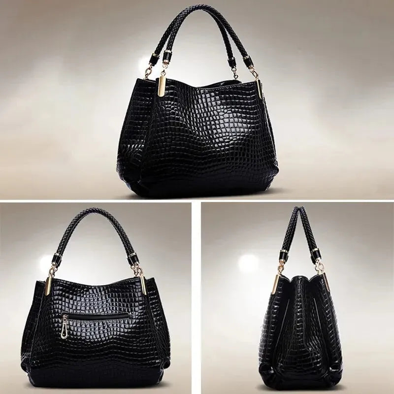 Women's large capacity tote bag with crocodile print and bright face detail, black PU, 36x11x29cm shoulder bag