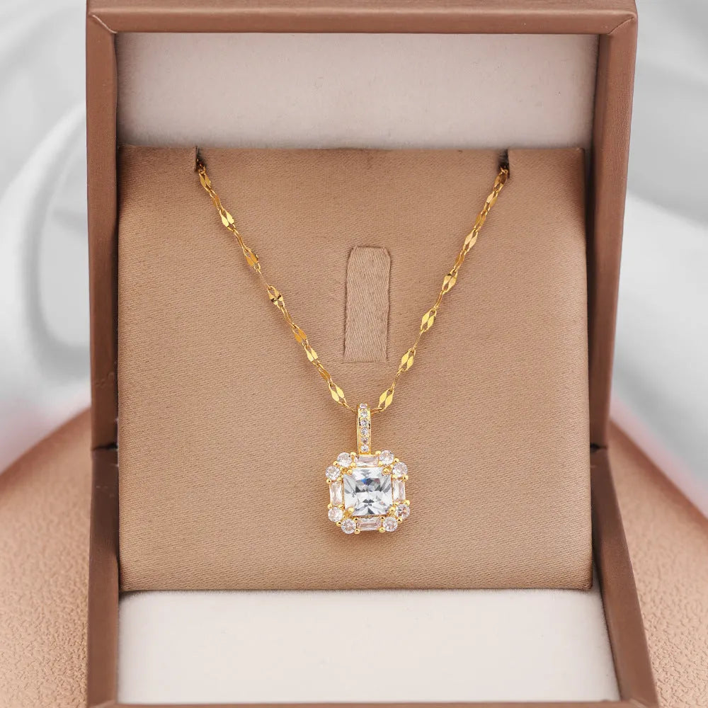 Women's titanium steel geometric clavicle chain with quadrilateral mixed gem pendant on water wave chain