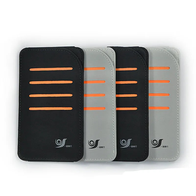 Set of four grey car sun visor shading panels next to a vehicle-mounted storage bag.