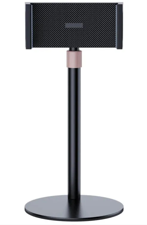Black adjustable lifting metal bracket holding a tablet, showing extended telescopic arm.
