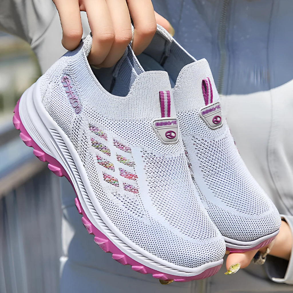 Women's casual slip-on Flyknit shoes flat heel round toe PVC sole available in black red gray purple