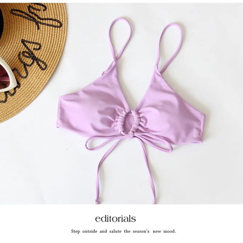 Women's tied bow split front bikini swimsuit in nylon fabric with eight colour options