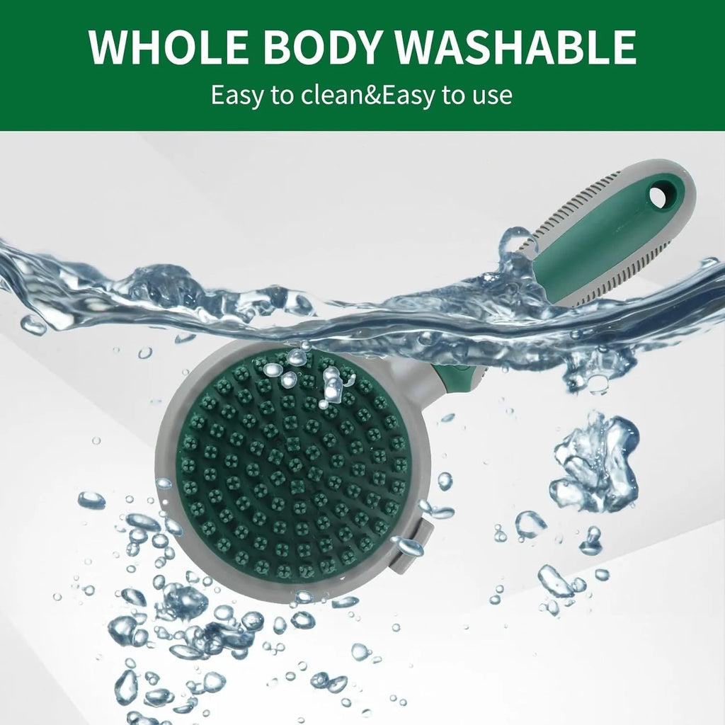 Green two-sided cat brush with retractable slicker and silicone massage pins on plastic handle