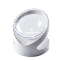 White elevated cat food bowl with clear plastic construction and anti-vomit tilt design