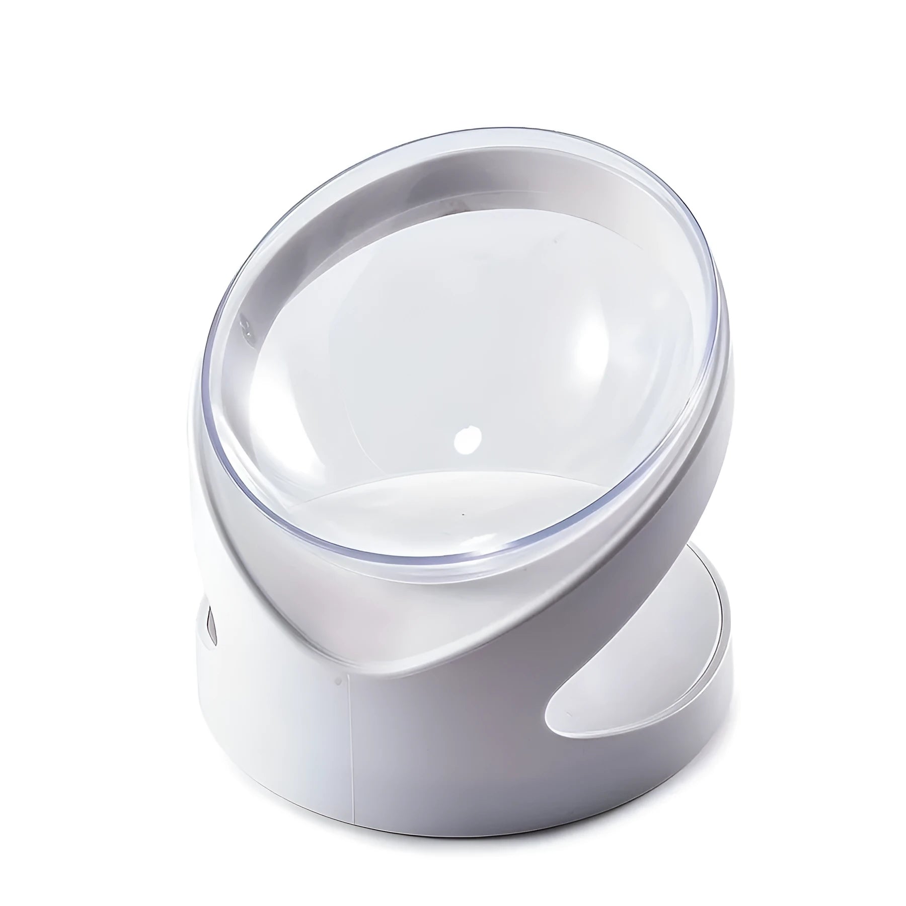 White elevated cat food bowl with clear plastic construction and anti-vomit tilt design