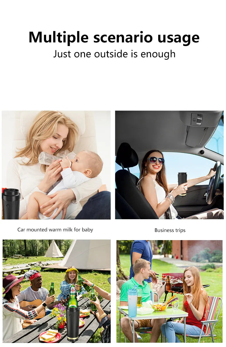 Smart heating and cooling cup in black plastic with white interior and 12V car plug