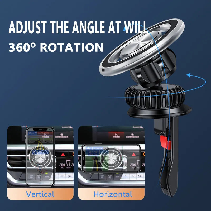 Air outlet snap on mobile phone holder car magnetic suction bracket silver and black alloy ABS construction
