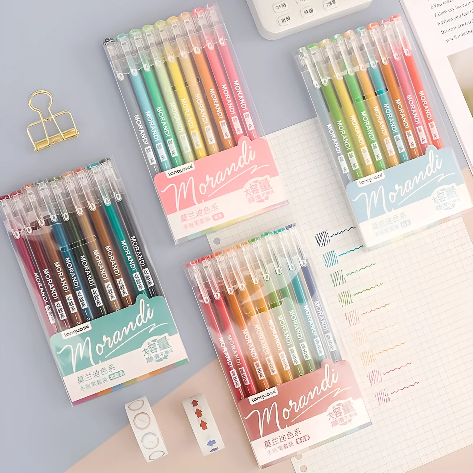 Nine Japanese gel pens in plastic case with 0.5mm needle tips in retro colour theme