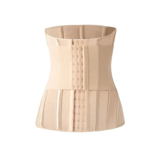 Nylon belly band waist trainer in black or apricot with belt tie fastener