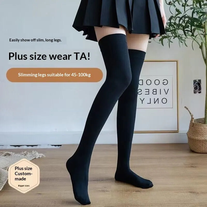 Women's thigh-high stockings in black with over-the-knee tube height and velvet finish