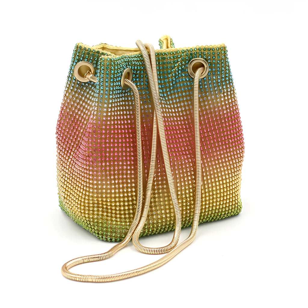 Rainbow coloured rhinestone bucket bag with an adjustable metal chain strap.