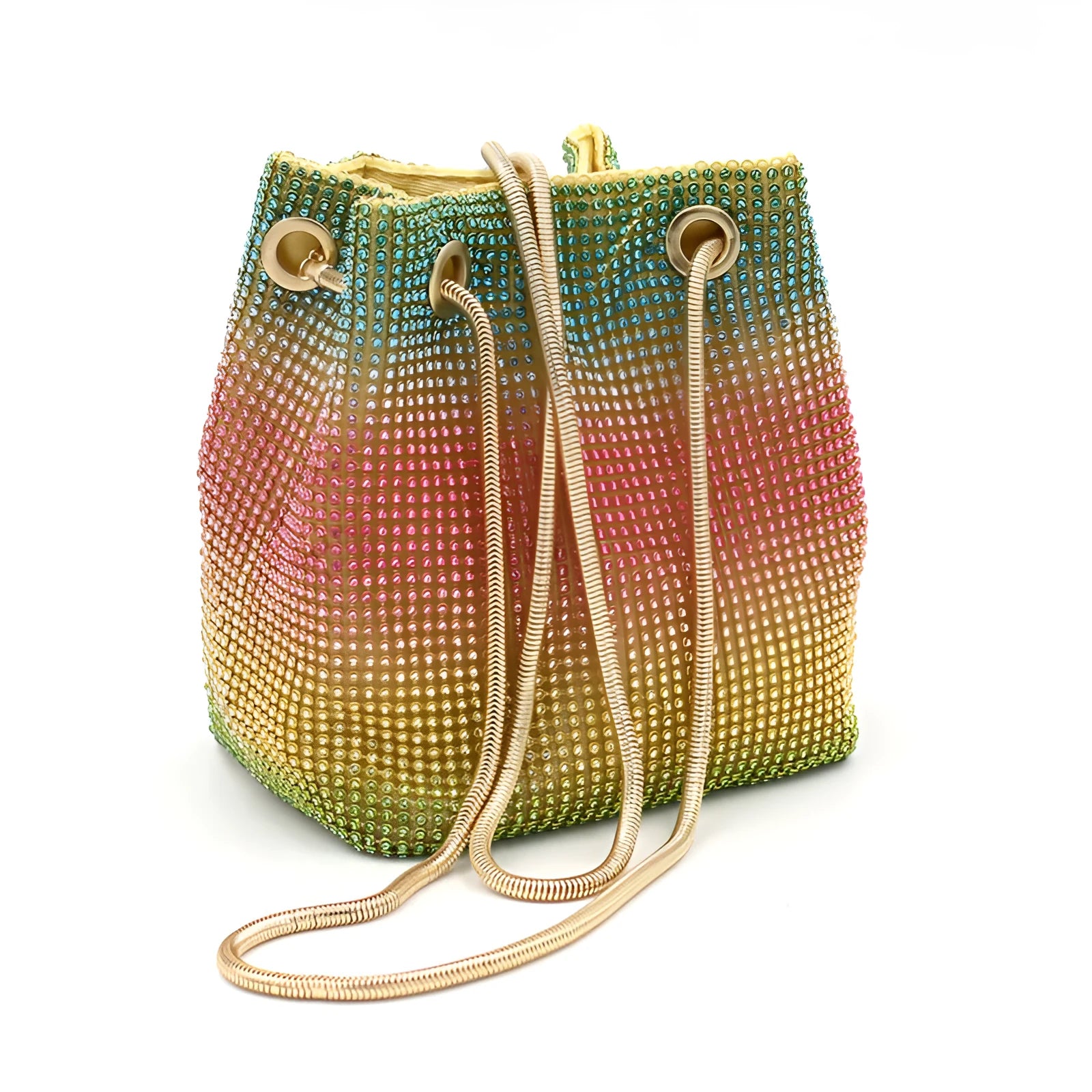 Rainbow coloured rhinestone bucket bag with an adjustable metal chain strap.