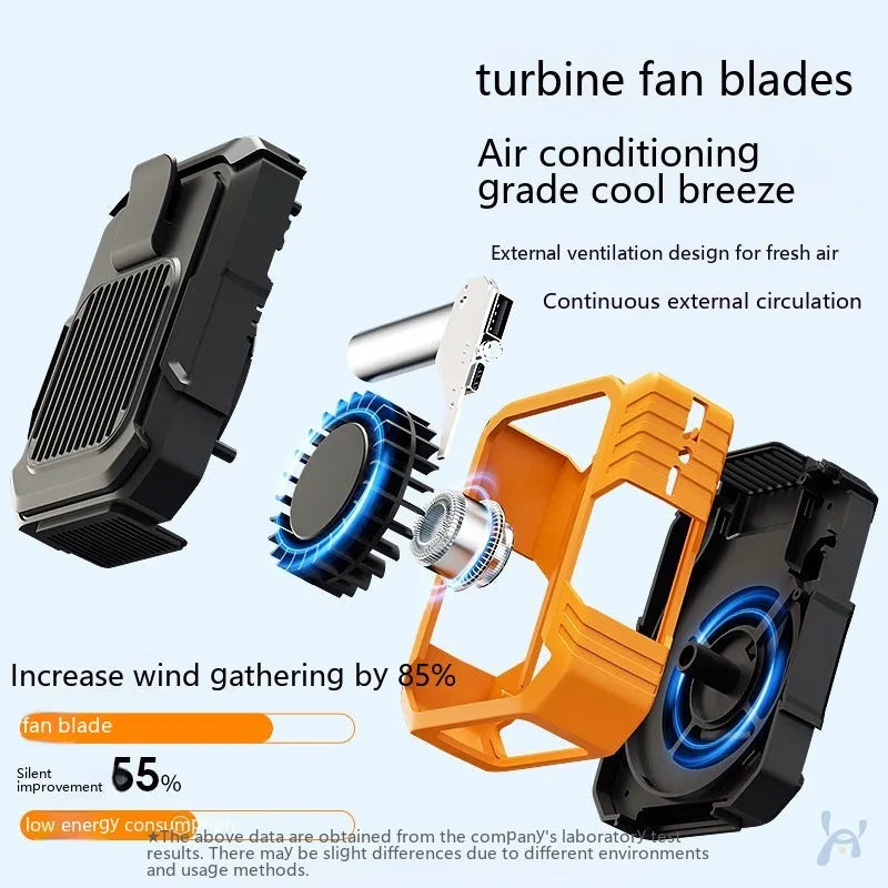 Green wrist hanging fan with light and USB power bank showing three speed settings and wearable design