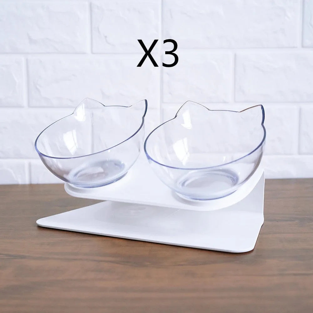 Non slip double cat bowl with raised stand transparent plastic pet feeder for dogs and cats