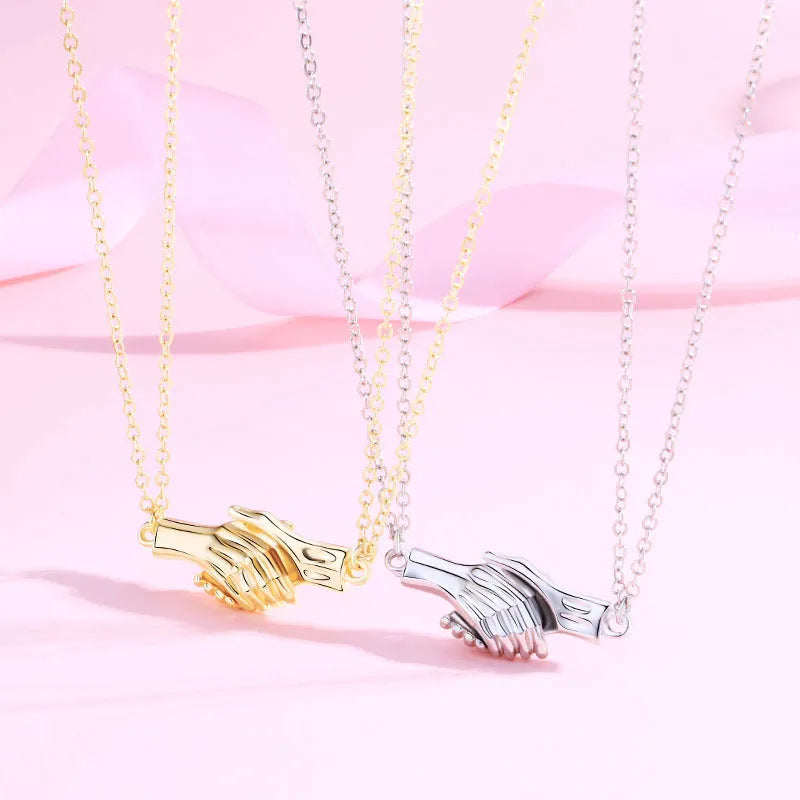Palm couple magnet necklace with handshake clavicle chain in Korean style alloy geometric pendant white gold platinum black silver matt black