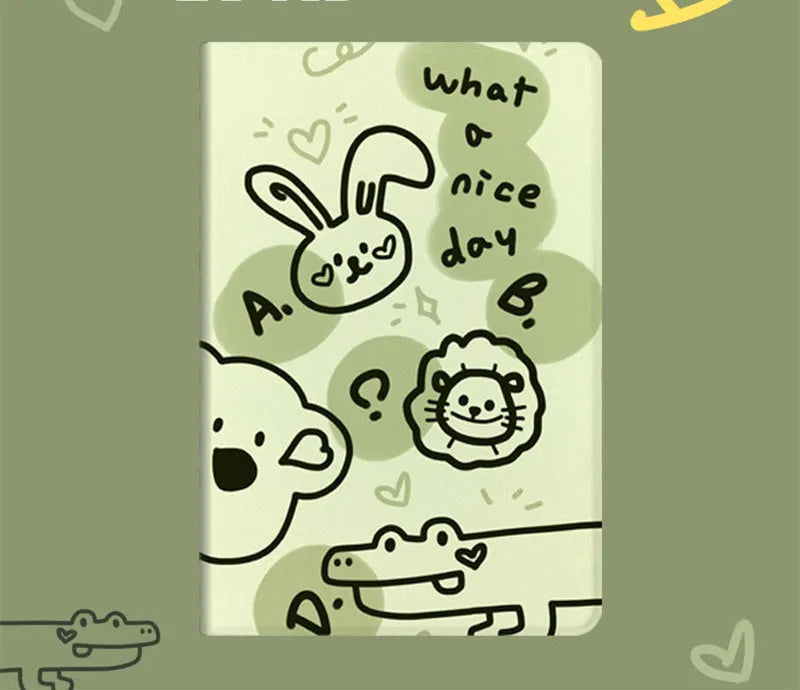 Korean cartoon flip iPad case in Matcha Zoo design, imitation leather, fitted on an iPad showing the front cover with sleep function