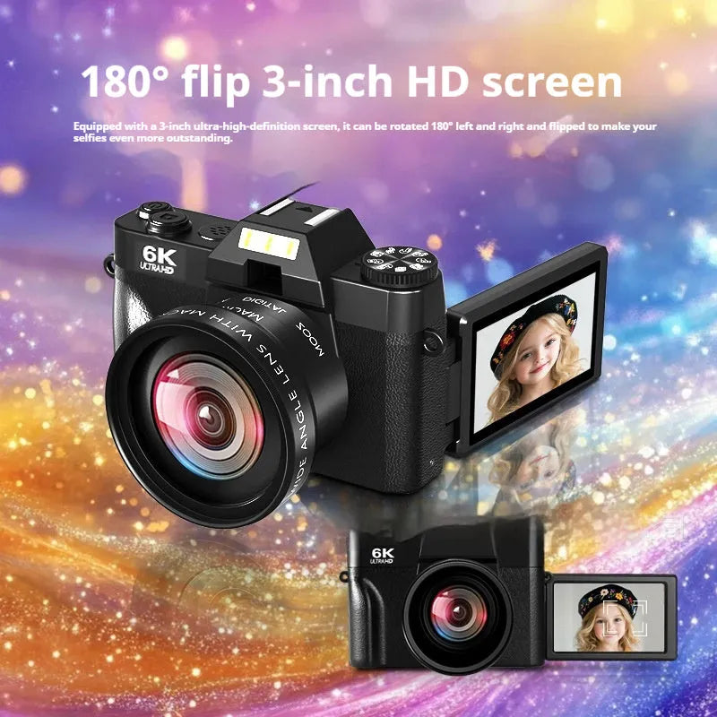 6K HD retro mirrorless digital camera with Full HD screen in black with standard 32G memory card