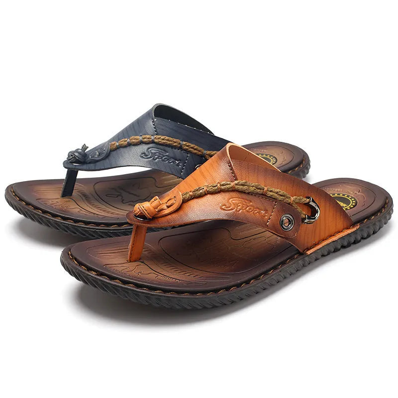 Men's dark blue herringbone-pattern outdoor slippers with leather lining and rubber sole