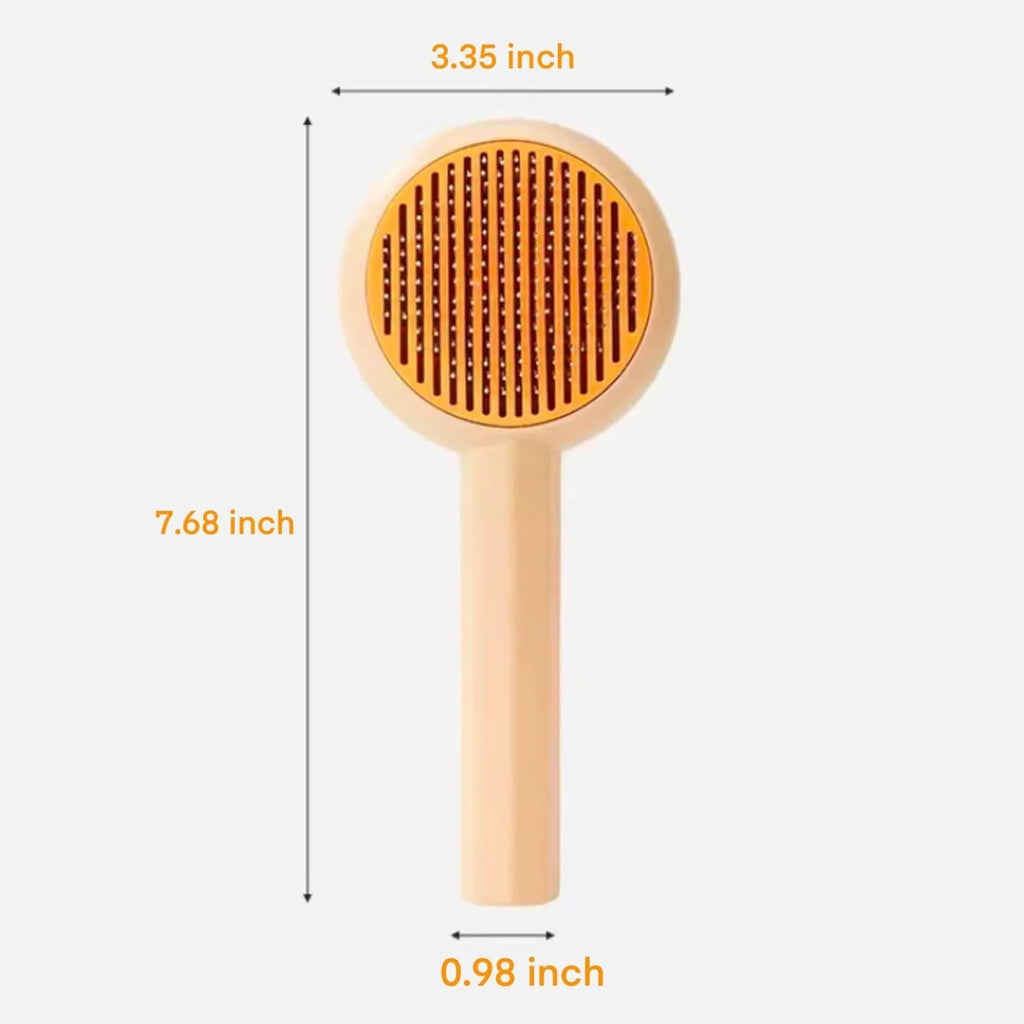 Blue pet grooming brush with angled metal needles and self-cleaning button on handle