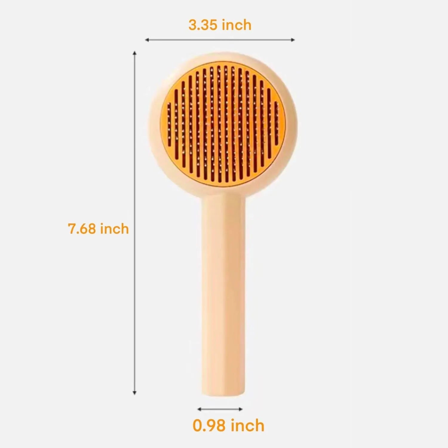 Blue pet grooming brush with angled metal needles and self-cleaning button on handle