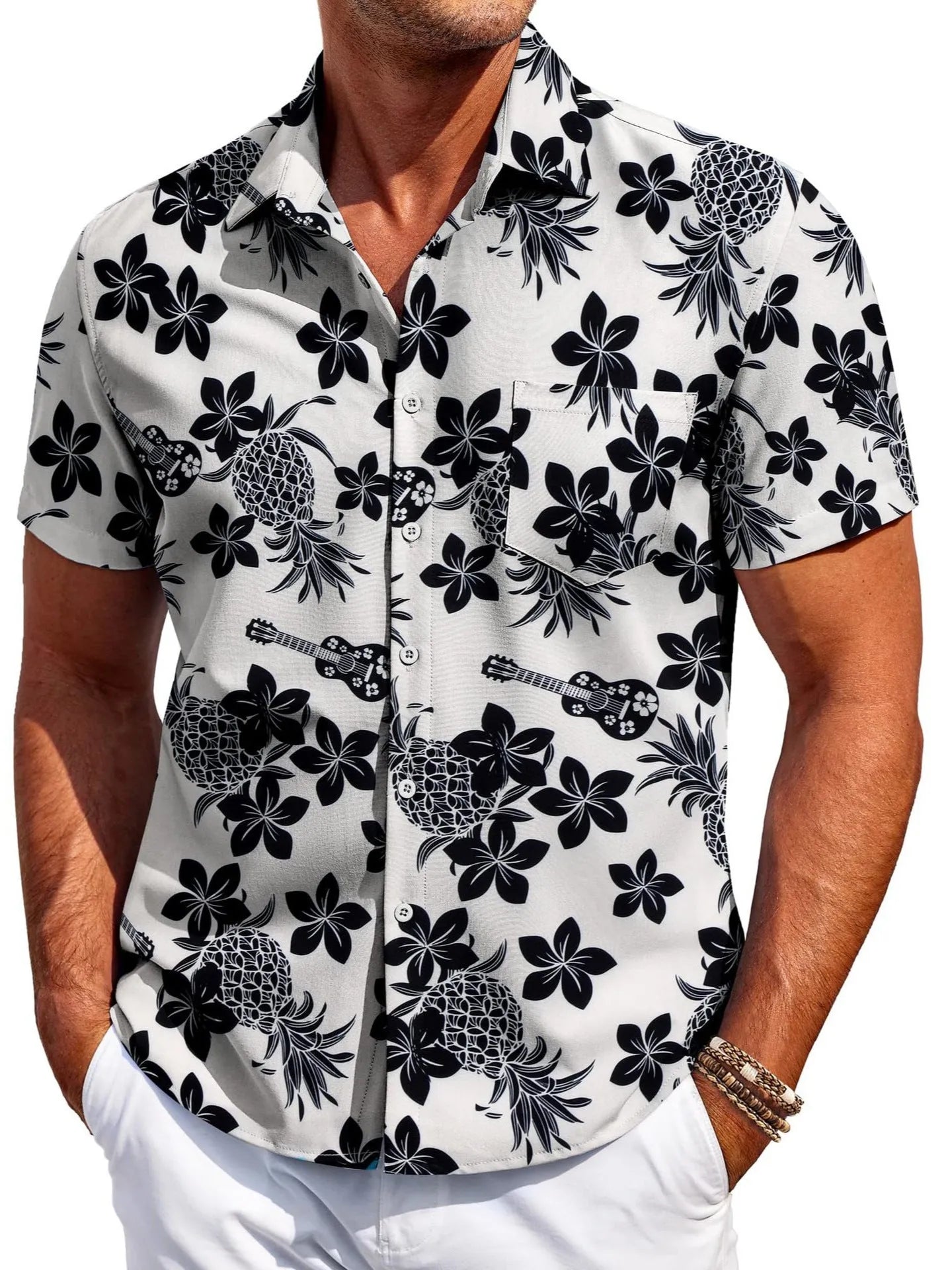 Men's slim fit short sleeve Hawaiian shirt in cardigan style, shown in a solid colour.
