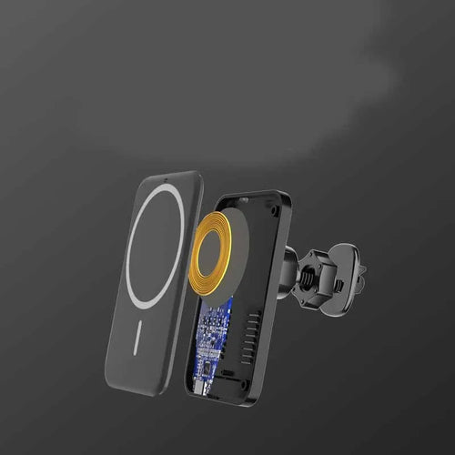 Black car magnetic wireless charger mounted on vehicle air vent with phone attached
