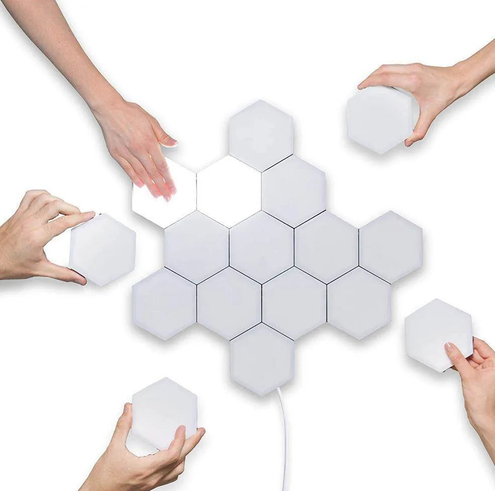 Helios modular touch wall lamp with honeycomb design showing UK plug and LED illumination