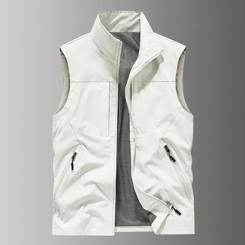 Men's casual stand collar printed vest in army green polyester loose fit