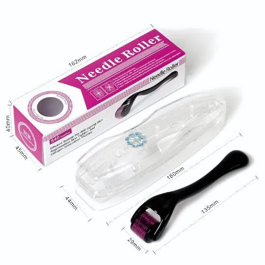 Close-up of a black derma roller with 540 titanium microneedles, showing needle sizes from 0.2mm to 1.0mm for facial and scalp treatment.