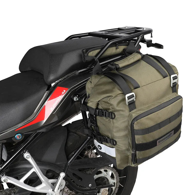 Black 20L quick release motorcycle side bag mounted on a bike.