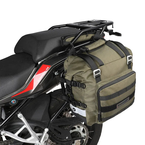 Black 20L quick release motorcycle side bag mounted on a bike.