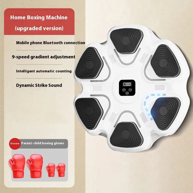 Smart electronic music boxing reaction training target wall unit with gloves, shown in white finish.