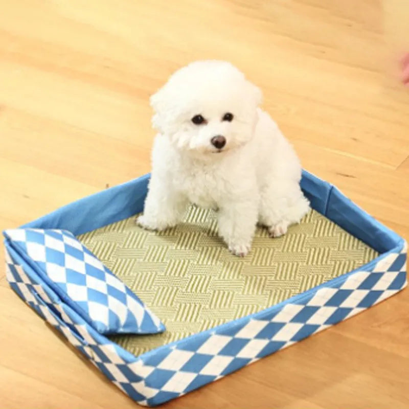 Blue rattan cat litter mat and bed showing woven texture with size options displayed