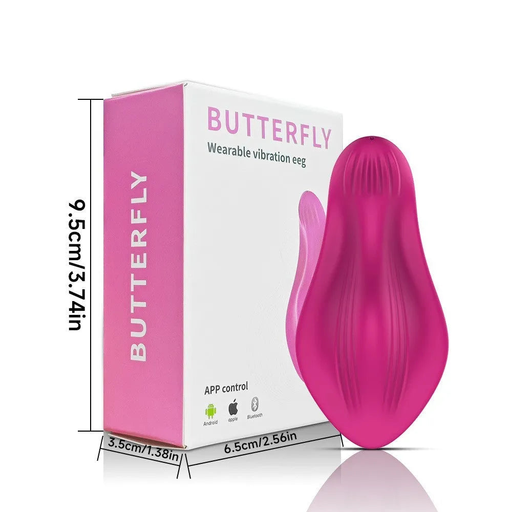Rose red silicone butterfly vibrator with USB charging port and smartphone APP remote control