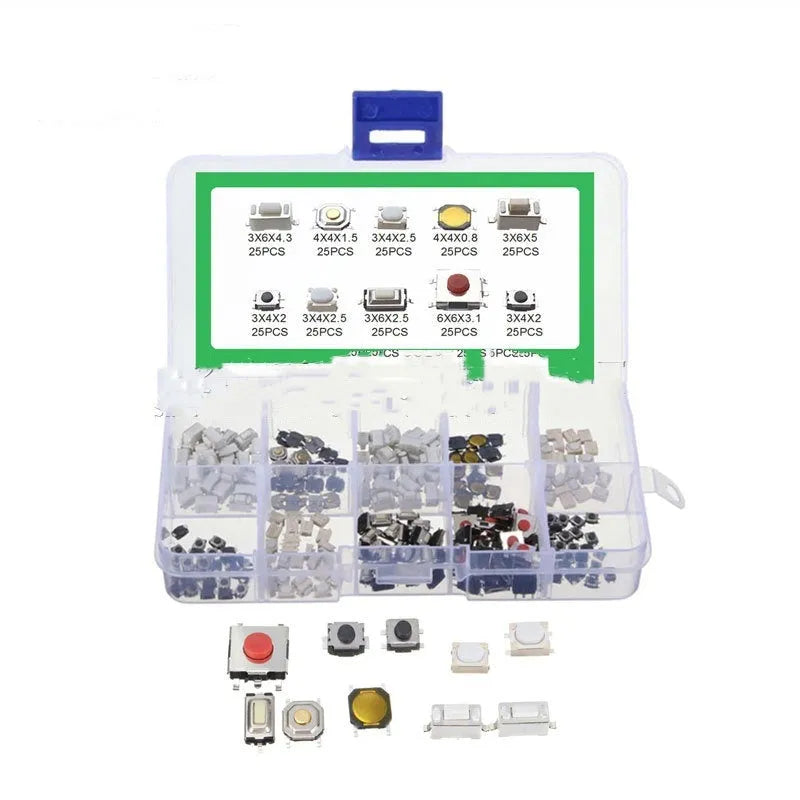 Box containing 250 surface mount tactile push button switches for electronics repair