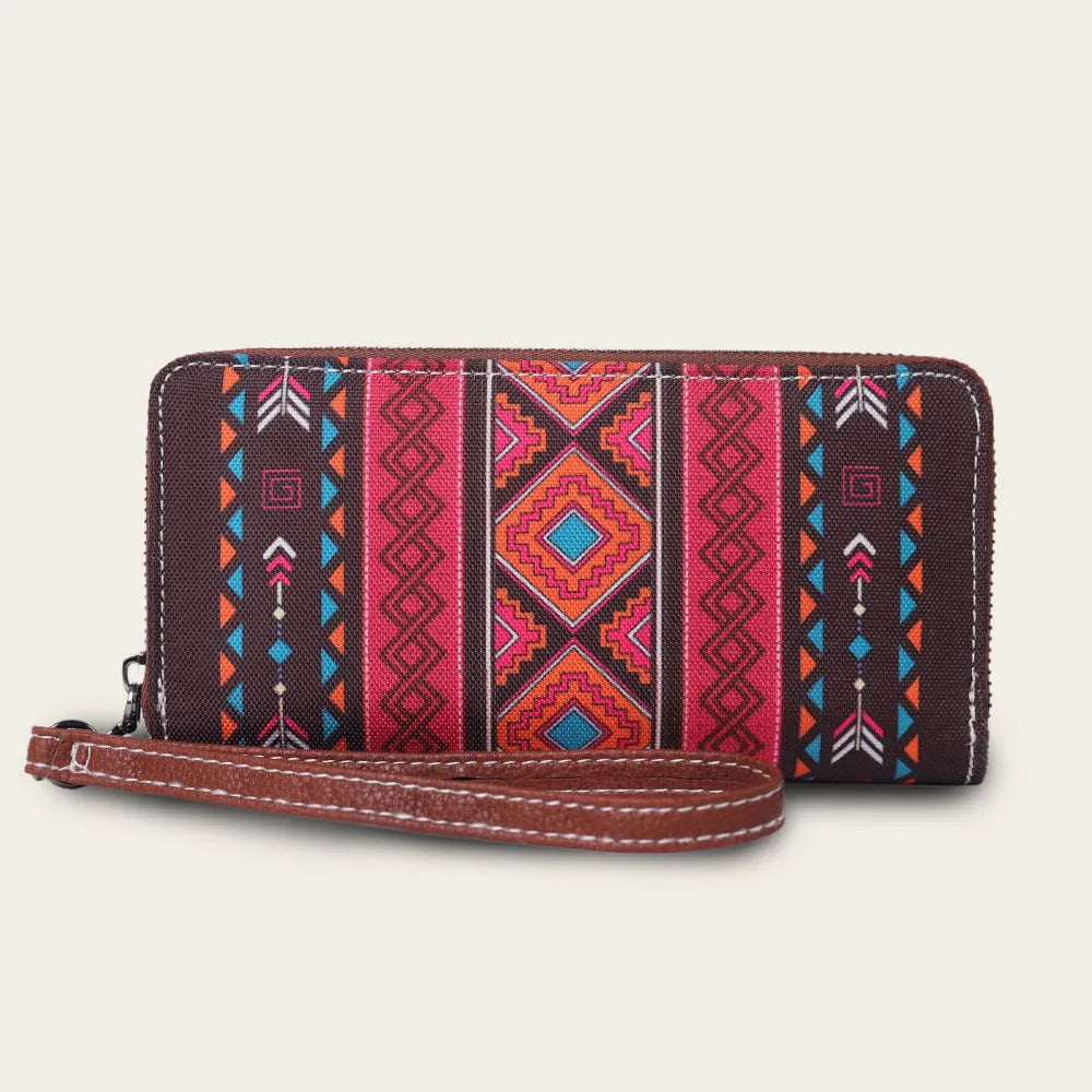 Bohemian striped canvas RFID wallet with wind belt closure in beige colour