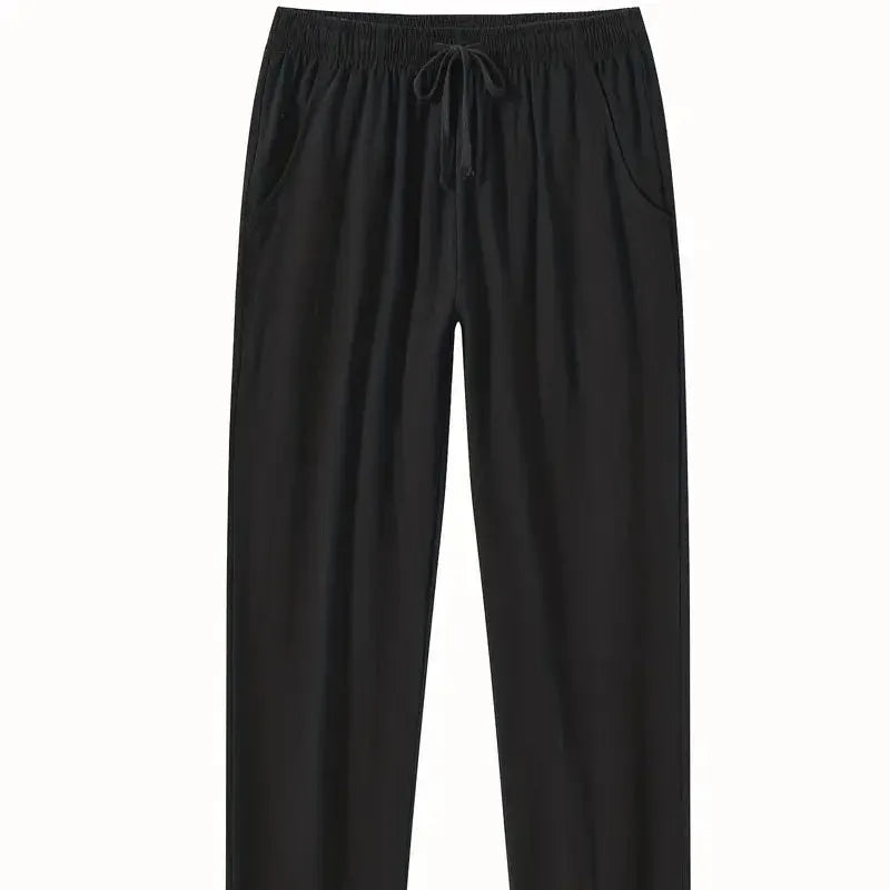 Men's loose-fit cotton beach trousers in solid white, sky blue, khaki, or black colours.