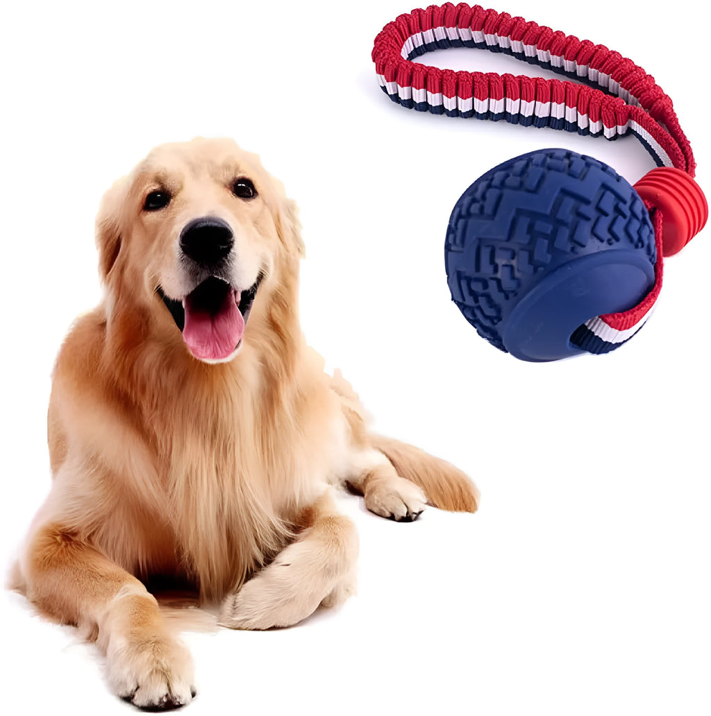 Blue dog ball with rope toy showing textured surface and cotton rope attachment