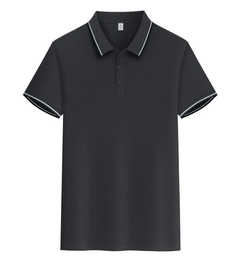 A pure cotton polo shirt with a lapel collar and short sleeves, shown in a light blue colour.