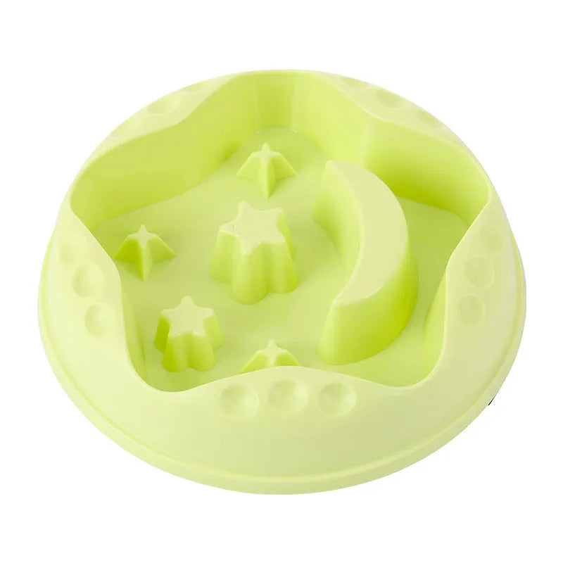 Large pet slow feeder bowl with moon and star obstacles inside, shown in blue colour.