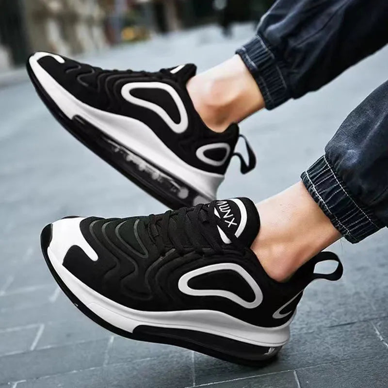 Men's black casual sports shoes with air cushion sole and lace-up design