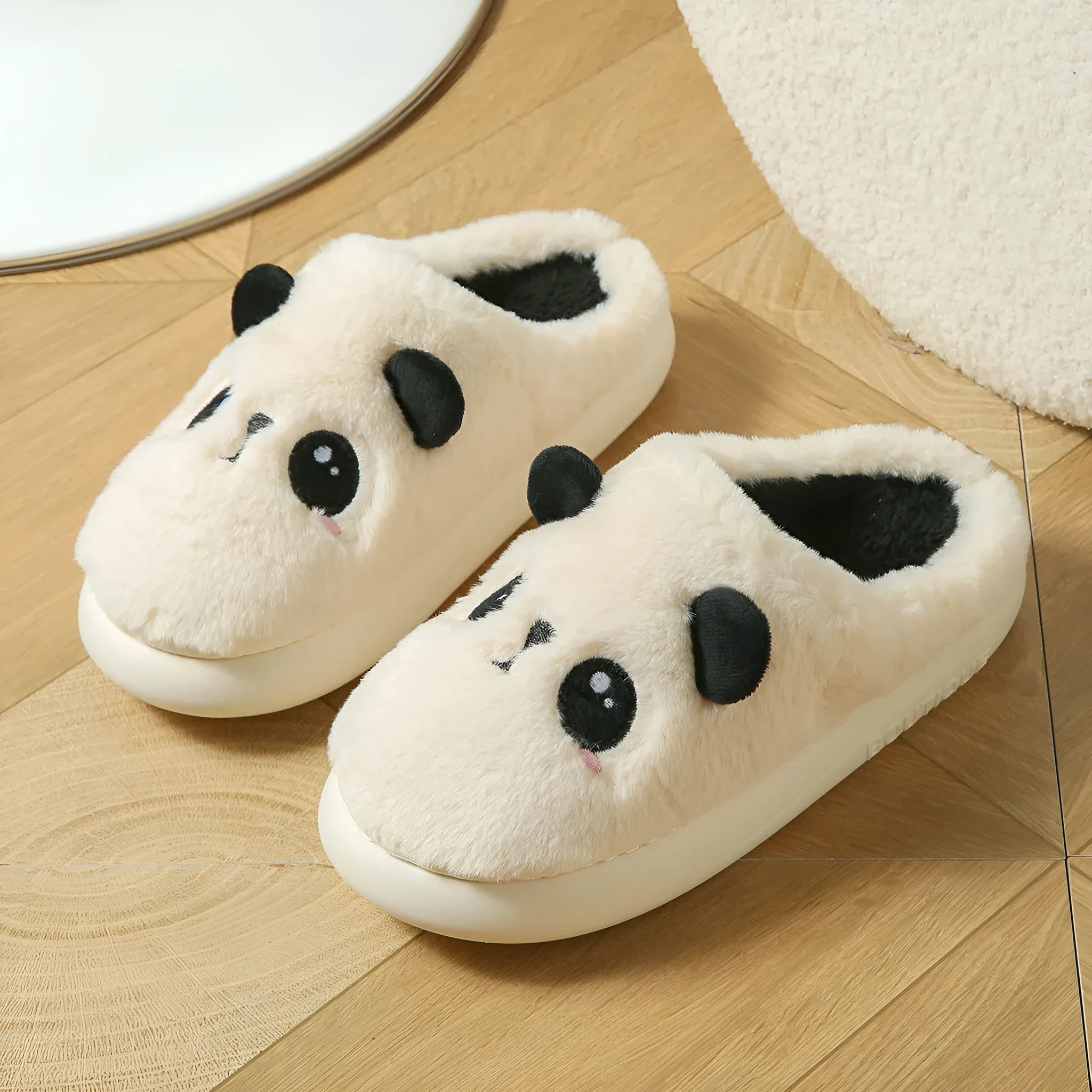 Panda-themed cotton and linen toe ring slippers for adults with a non-slip PVC sole.