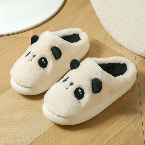 Panda-themed cotton and linen toe ring slippers for adults with a non-slip PVC sole.