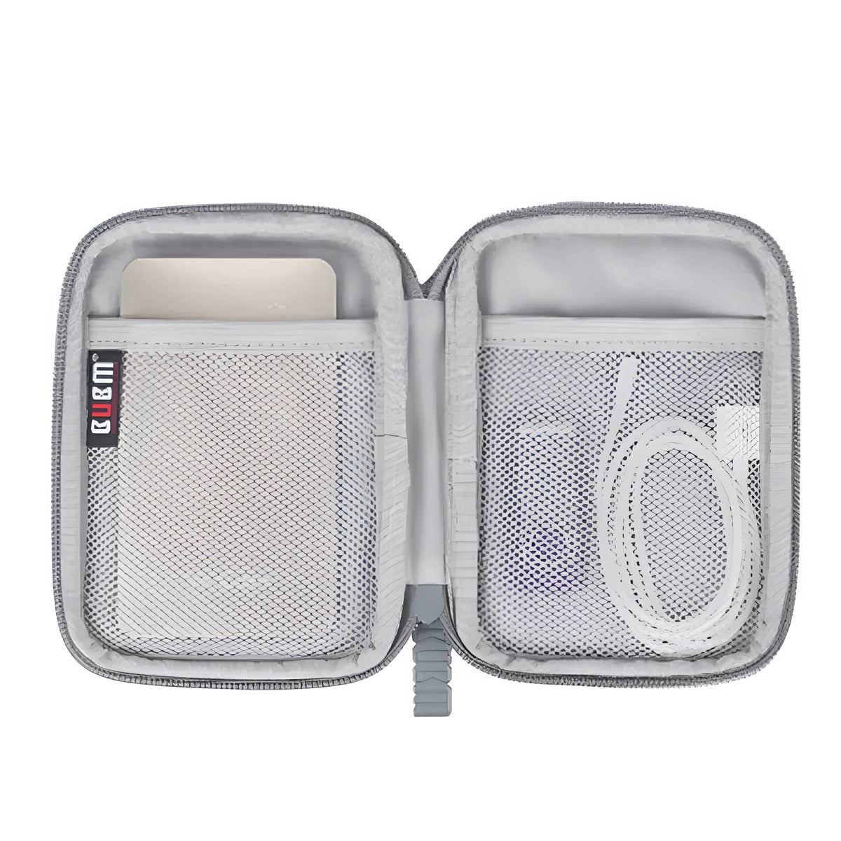 Polyester mobile hard disk storage bag in grey holds a 2.5-inch drive and data cables