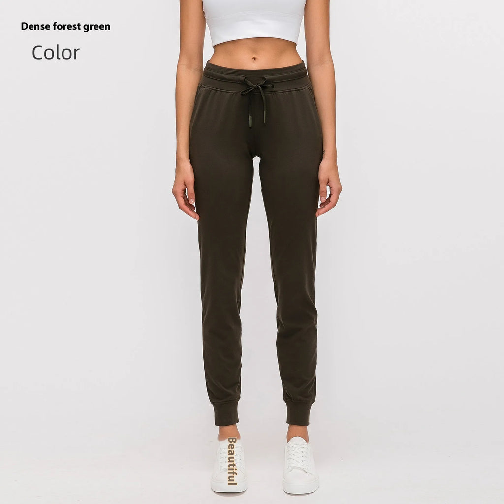 Women's high-waist yoga pants with drawstring waist in Belgian Blue colour