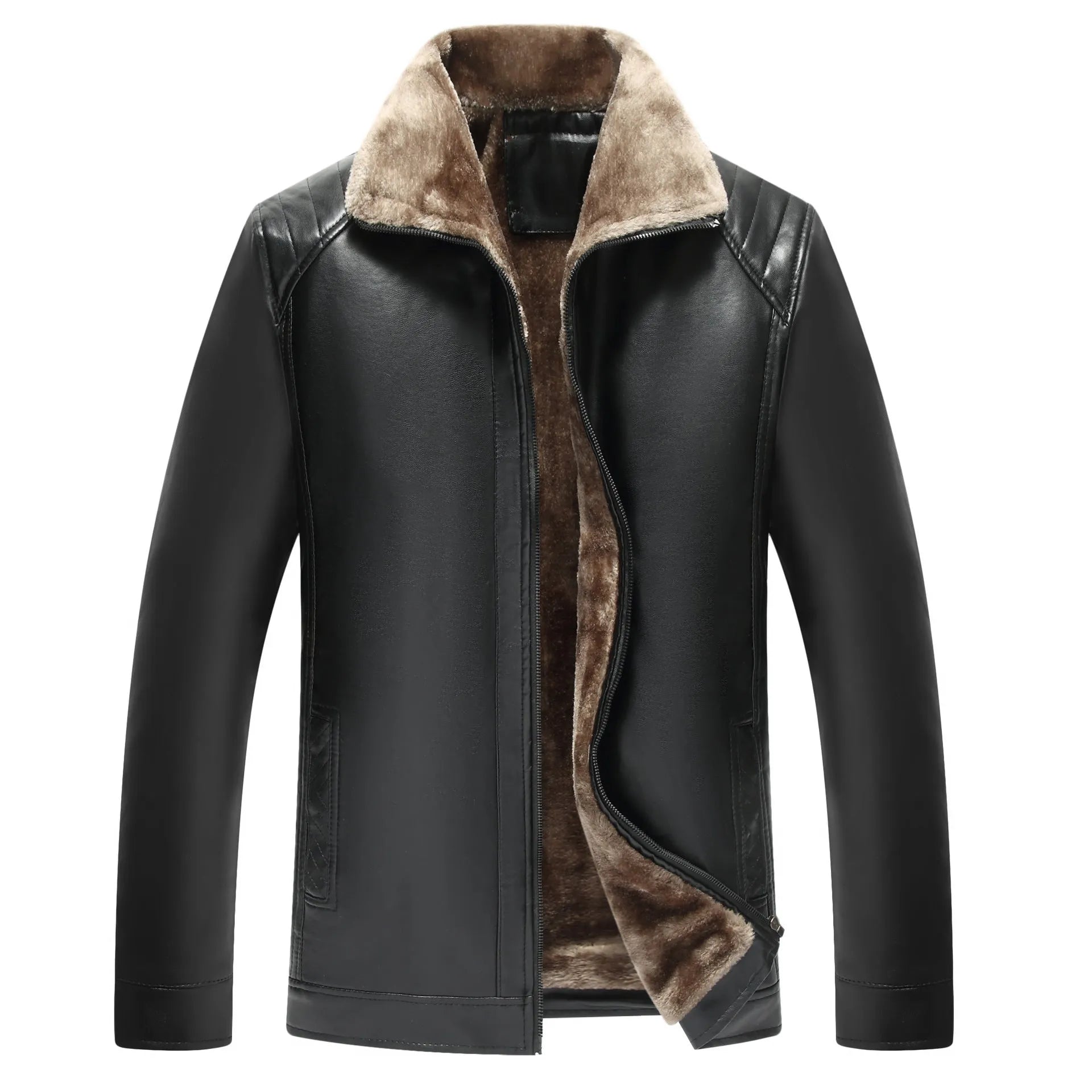 Men's fur-lined artificial leather jacket slim fit winter coat side pockets brown