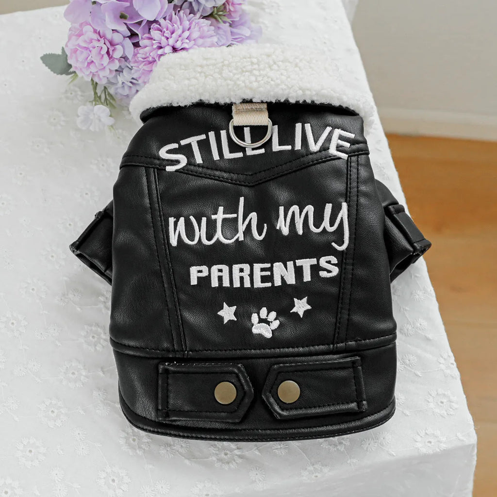 Fleece lined padded dog coat in black colour showing chest measurement and length dimensions