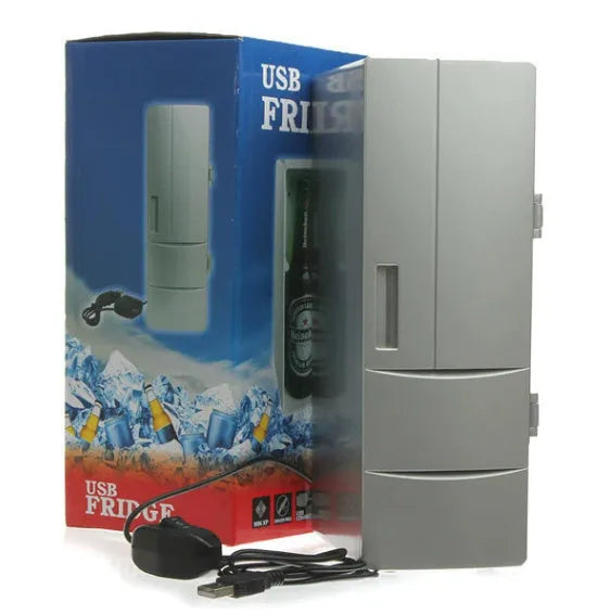Silver USB mini fridge with open door showing two beverage cans and interior LED light